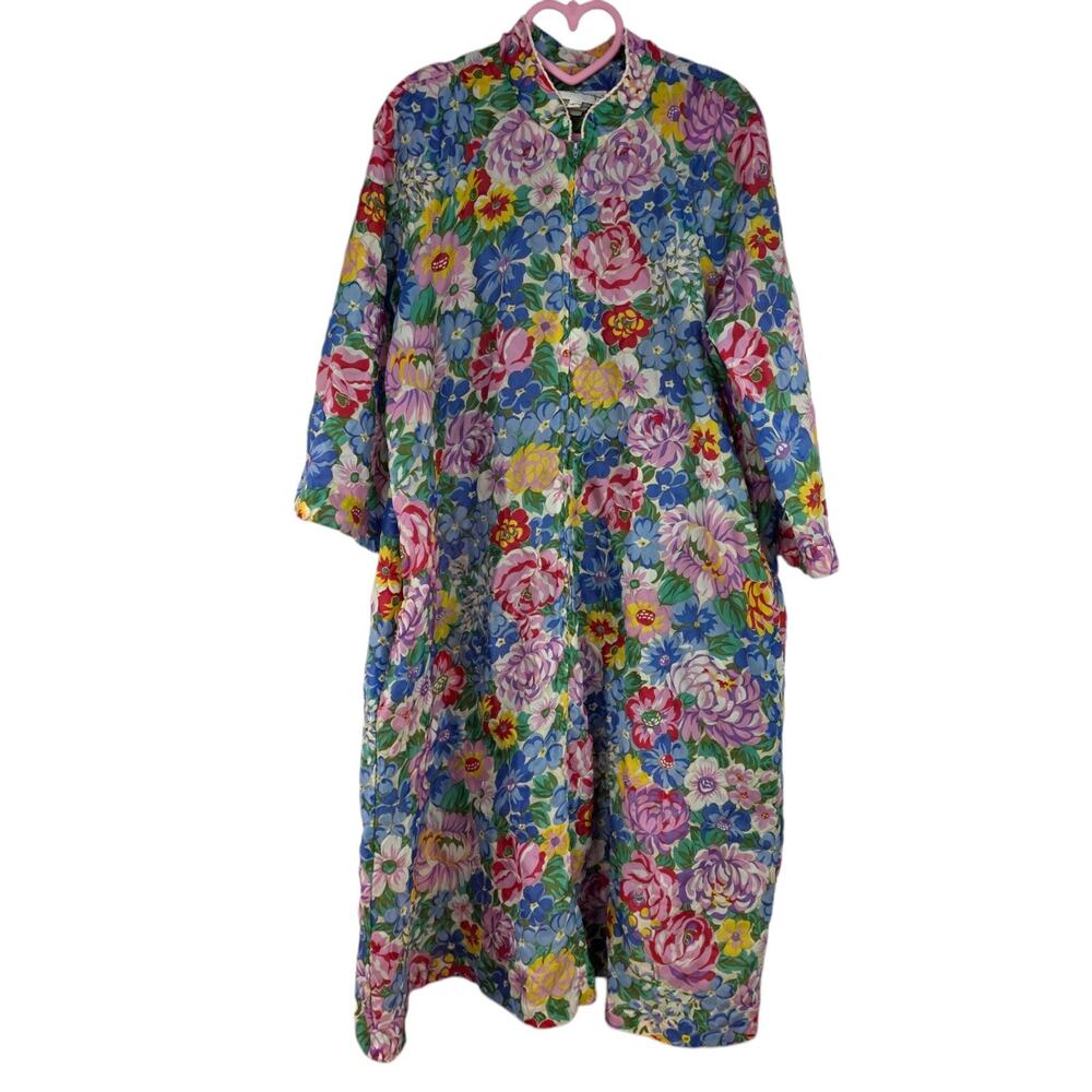 Stella Fagin Vintage Floral House Dress Textured Floral Loud Zip Women Size Med